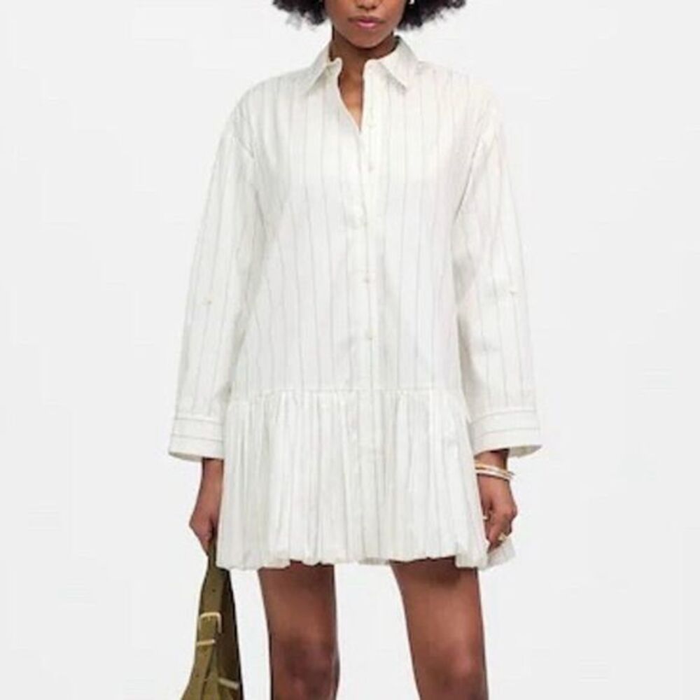 NWT Madewell‎ Women's Bubble-Hem Mini Shirtdress Pinstripe Poplin White S